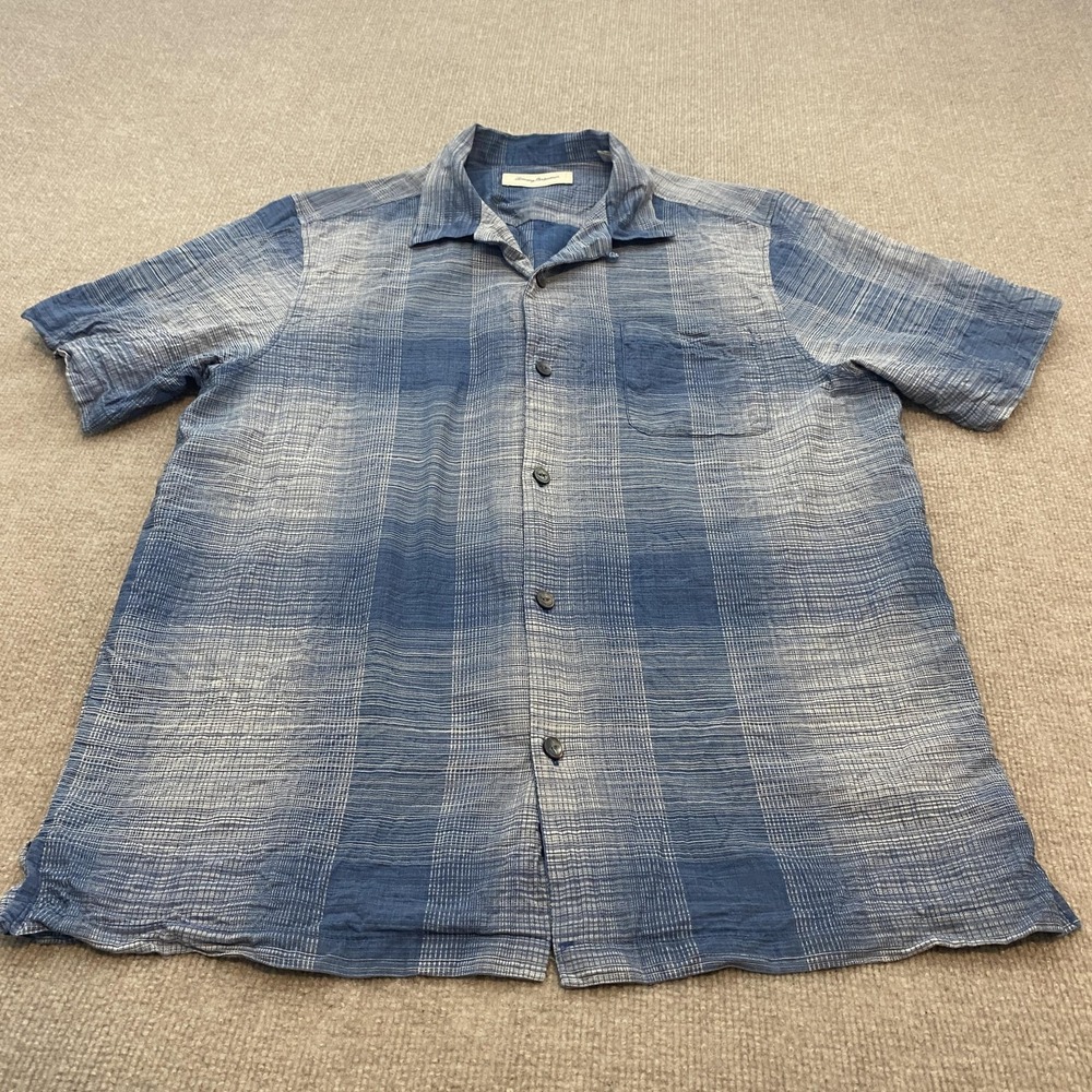 Tommy Bahama Shirt Mens XL Blue Plaid Silk Cotton Short Sleeve Loop Collar